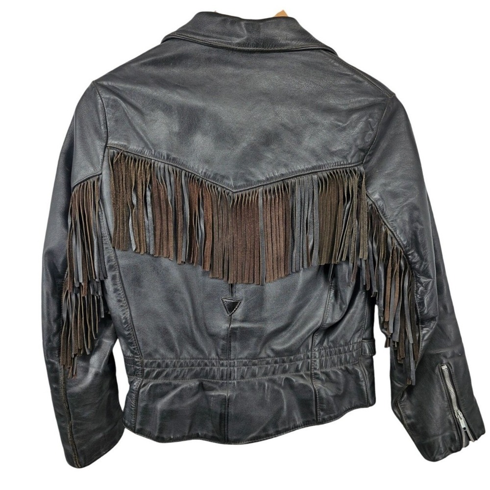 All American Rider Womens Black Leather Fringe Jacket Size 10